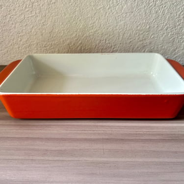 Vintage Orange Copco enameled cast iron baking dishes by Michael Lax, MID Century Modern Enamelware 