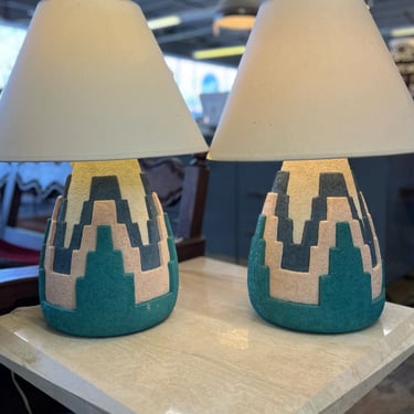 Pair of Post Modern Memphis Southwestern Style Lamps w/Shades
