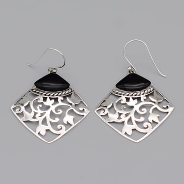 90's CFJ 925 silver black onyx vine dangles, Sharon Evans Thai sterling kite shaped boho earrings 