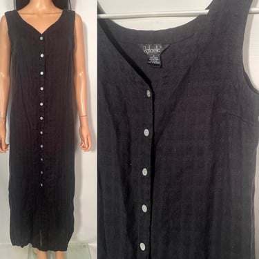 Vintage 90s/Y2K Black Linen Button Front Side Slit Maxi Dress Size M 