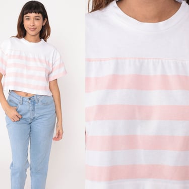 Striped Crop Top 90s Cropped Tee White Baby Pink T-Shirt Retro Basic Casual Boxy TShirt Short Sleeve Vintage 1990s Oversized Small S 