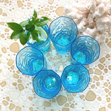 peacock blue pinched glass vintage tumblers old fashioned iced tea bar glasses bubble thumbprint aqua turquoise 