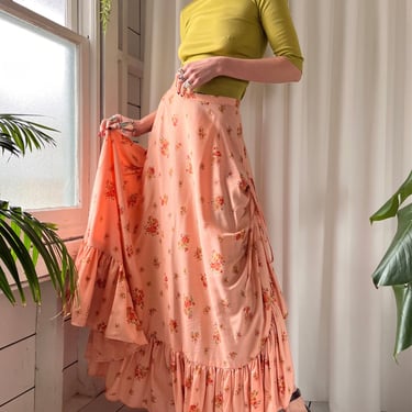 70s Ruffled Floral Maxi Skirt