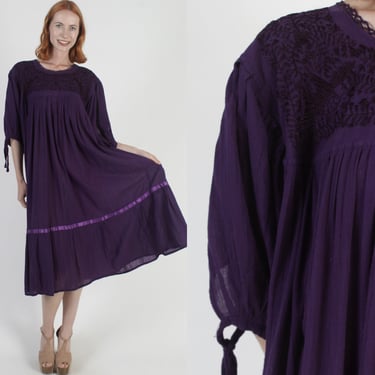 Purple Gauze Mexican Birds Dress / Sheer Poet Sleeve Cotton Dress / Embroidered Crochet Lace Beach Cover Up / Vintage Mexican Festival Midi 