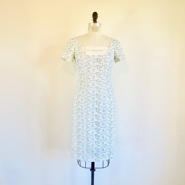 1960's Pastel Blue and White Floral Cotton Embroidered Lace Sheath Day Dress 60's Spring Summer Don Loper 29.5