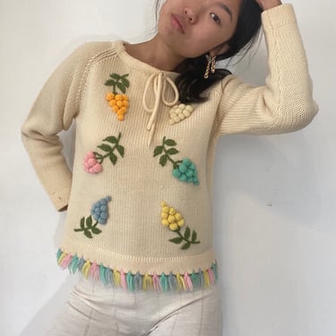 60s hand embroidered wool fruit sweater / vintage ivory hand embroidered wool pastel flowering fruit pom pom cropped fringe sweater | M 