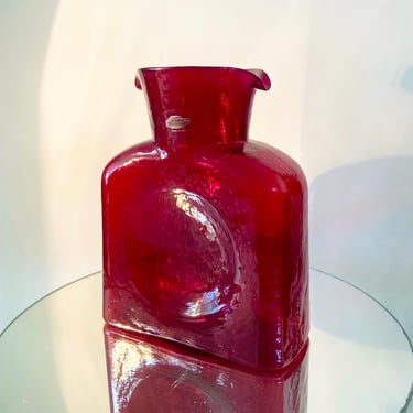 Blenko Ruby Red Water Bottle | 2010 hand blown glass carafe | Made in the USA | colorful home accent piece 