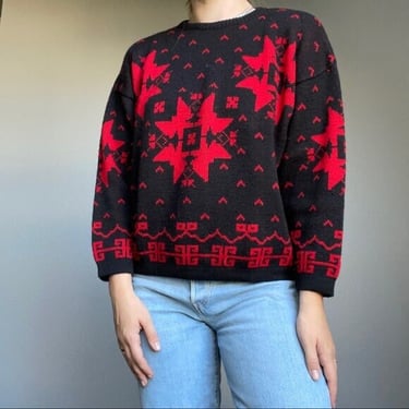 Vintage 70s Gap Clothing Company Black and Red Italian Wool Blend Geometric Crewneck Oversized Sweater Size Medium 