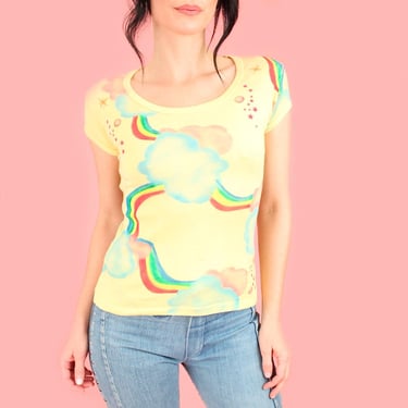 Vintage 70's French Cut T Shirt PoP ArT Rainbows Dreamy Clouds + Stars Airbrushed Handmade Art 1970s Baby Ribbed Top Tee T-shirt Made in LA 