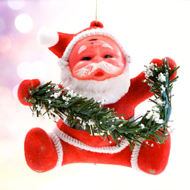 VINTAGE: Plastic Flocked Santa Ornament - Saint Nicholas, Saint Nick, Kris Kringle - Holiday, Christmas, Xmas - SKU Tub-400-00033772 