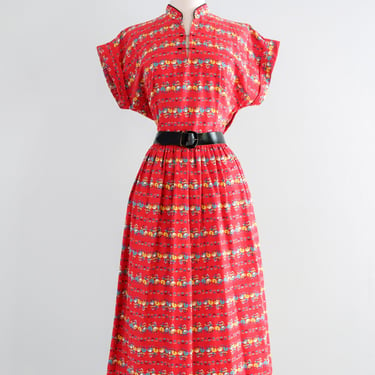 Festive 1950's Dutch Novelty Print Cotton Dress by Kerrybrooke / Sz L