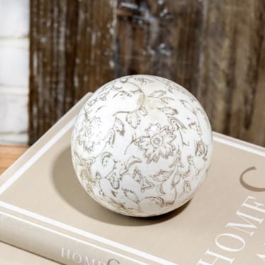 Cream Heirloom Decorative Ball, neutral home decor, grandmillennial, old new decor, Parisian decor, bookshelf statue, garden ball, botanical 
