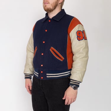 XL 70s Terrors Varsity Letterman Jacket | Vintage Team Logo Navy Blue Wool Leather Sleeve Athletic Coat 