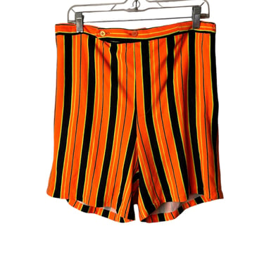 Groovy 1960’s orange striped Neon shorts/ swim trunk style~ Ultra Mod vibes~ 60’s retro size Med/Large 35” waist 