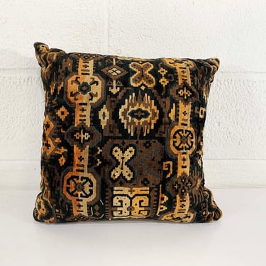 Vintage Black Brown Geometric Pillow Ikat Tan Square Velvet Accent 1970s 70s Home Decor Throw Sofa Couch 
