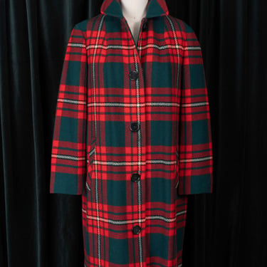 1950s Pendleton Gorgeous Red and Green Plaid Wool Satin-Lined Overcoat 