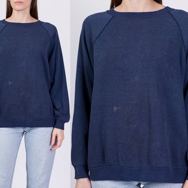 70s 80s Distressed Raglan Sweatshirt - Men's Large Short, Women's XL | Vintage Plain Navy Blue Blank Grunge Pullover 