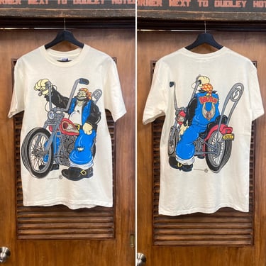 Vintage 1990’s Dated 1993 “Lightning Bolt” Brutus Popeye Cotton Motorcycle MC 2-Sided Cartoon Tee Shirt, 90’s T-Shirt, Vintage Clothing 