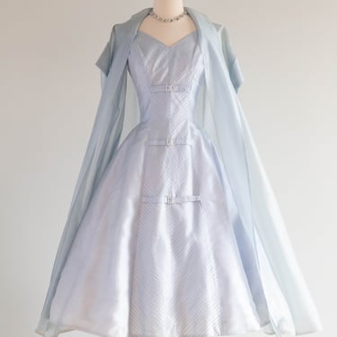 Exquisite 1950's Mirror Blue Crystal Organza Party Dress By Claudia Young / Small