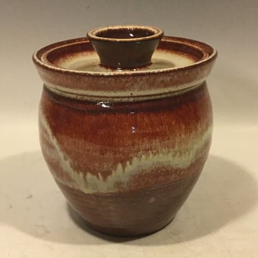 Signed Cecil Strawn Pottery Lidded Crock, Sugar Bowl pottery, beautiful rust teal pottery,  studio art pottery 