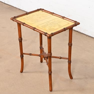 Chinoiserie Hollywood Regency Faux Bamboo and Etched Brass Occasional Side Table, Circa 1960s
