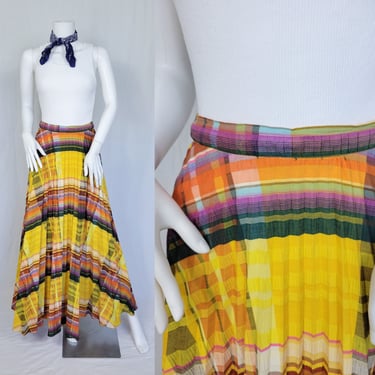 1970's Madras Plaid Yellow Seersucker Pleated Maxi Skirt I Sz Med I Addenda 