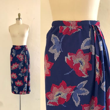 vintage 80's halston floral blue wrap skirt 