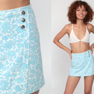 60s Floral Skirt Skort Blue Mod Mini Skirt 70s High Waisted Culottes Shorts Hippie Boho Retro 1960s Vintage Extra Small xs 