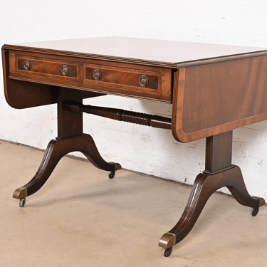 Baker Furniture English Regency Banded Mahogany Writing Desk or Console Table, Circa 1940s