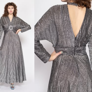 Medium 70s Silver Metallic Disco Gown | Vintage Keyhole Low Back Batwing Sleeve Retro Glam Maxi Dress 