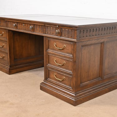 Sligh Furniture Regency Carved Oak Leather Top Executive Desk, Circa 1960s