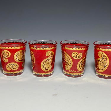 Vintage Culver Red Gold Paisley Shot Glasses set of 6 