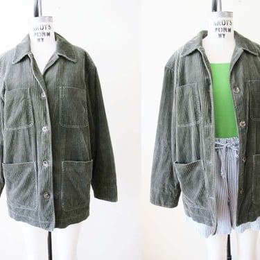 Vintage 90s Corduroy Chore Coat M - 1990s Olive Green Cord Barn Jacket Quilted - Earth Tone Minimalist Style 