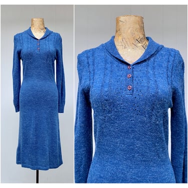 Vintage 1960s Heathered Blue Knit Dress, Long Sleeve Acrylic Pointelle Sweater Dress, Small to Medium 
