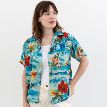 Vintage Blue Red Yellow Tropical Hawaiian Rayon Patterned Shirt | Unisex Blouse | M | 