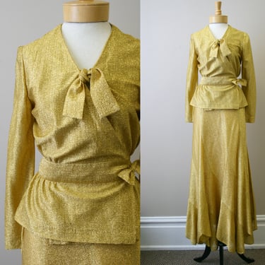 1970s Beverly Paige Metallic Gold Blouse and Skirt Set 