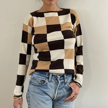 80s intarsia cashmere sweater / vintage camel + brown color block patchwork checkered intarsia cashmere boatneck sweater | Small 