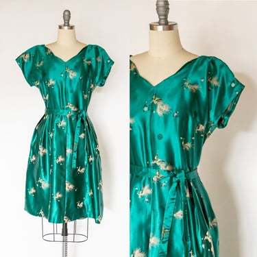 1960s Dress Silk Emerald Full Skirt L 