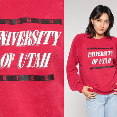 University Of Utah Sweatshirt 80s Runnin' Utes Distressed Red Sweatshirt College Shirt Slouchy Crewneck Salt Lake City 1980s Vintage Medium 