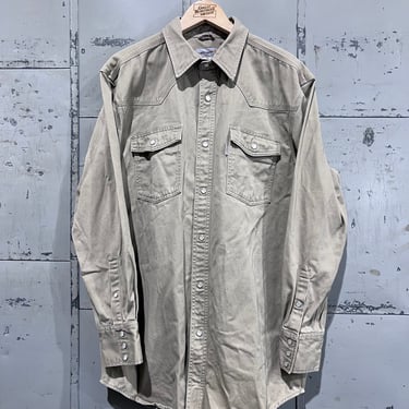 80s western pearl snap Carhartt beige earth tone  long-Sleeve Button-Up Shirt 1980s rugged wear 