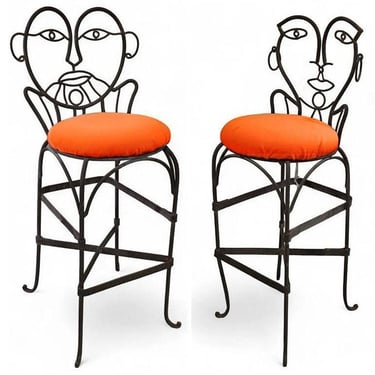 Pop Art John Risley Style Wrought Iron Barstool Pair 