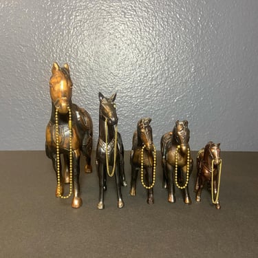 Vintage 1950s- Set of Five Horses Figurines Metal Copper Color-Horses with Saddle and Chain 