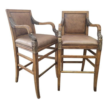 Late 20th Century Empire Style Regency Egyptian Revival Bar Stools - a Pair