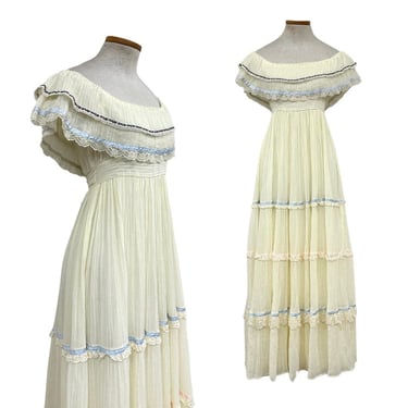 Vtg 70s 1970s Gunne Sax Designer Pink Blue Ribbon Bridal Cottage Ivory Maxi 