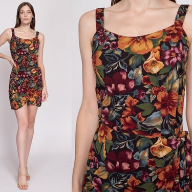 XS-S 90s Tropical Floral Mini Wrap Dress Unisex | Vintage All That Jazz Boho Fitted Front Tie Sundress 