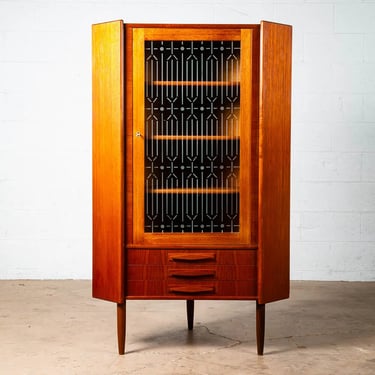 Mid Century Danish Modern Corner Cabinet Teak Wood Bar Denmark Drawers Glass Mcm