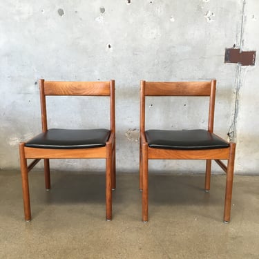 Two Teak &amp; Leather Side Chairs With Sculpted Back Rest