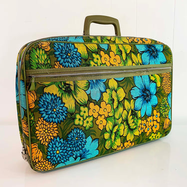 Vintage Bantam Travelware Flower Suitcase Green Rainbow Floral Case Make Up Bag Makeup Overnight Bag Luggage Travel 60s Japan 1960s Bronx NY 