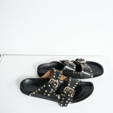 Black Slides with Gold-Tone Grommet Accents