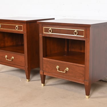 Kindel Furniture French Regency Louis XVI Cherry and Brass Nightstands, Newly Refinished